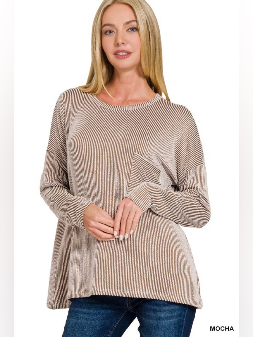 NWT Zenana Mocha Ribbed Striped Oversized Long Sleeve Top